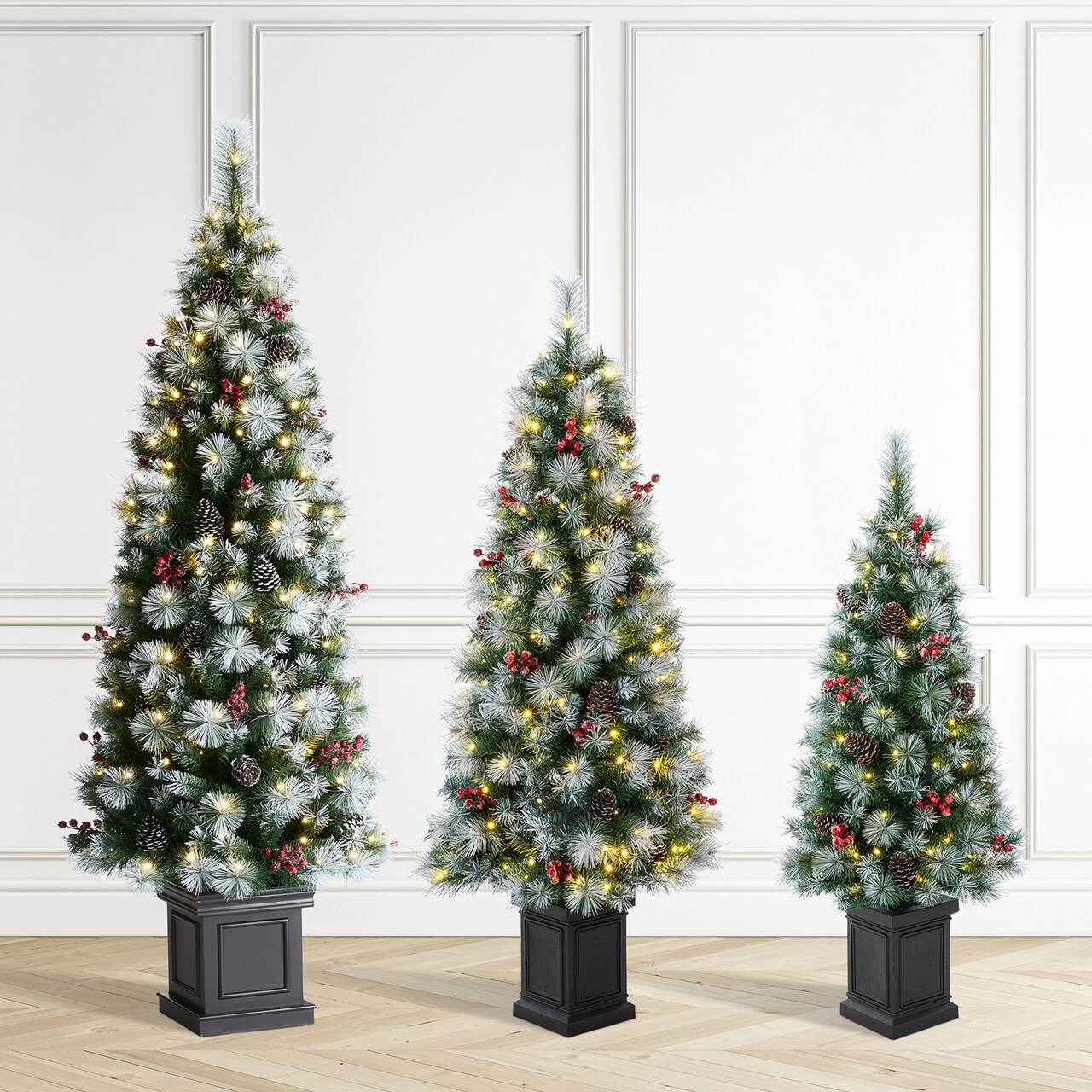 Set of 2/3 4ft/5ft/6ft Pre-Lit Pine Artificial Christmas Porch Tree with Decorative Urn Pot